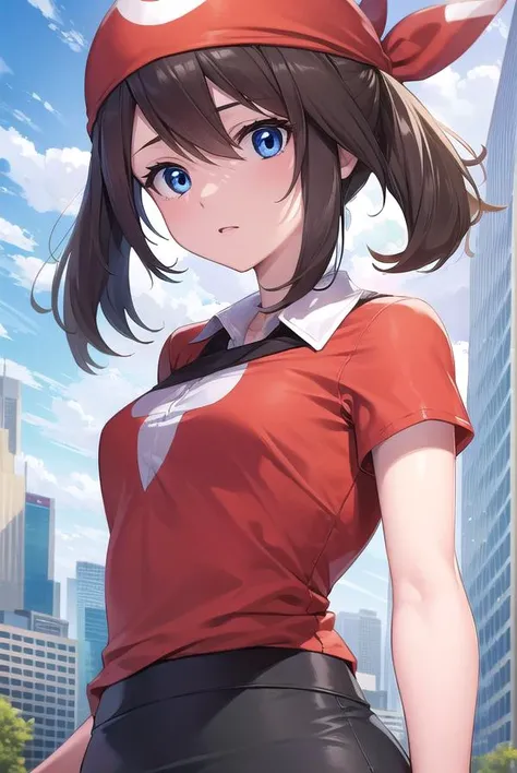 pokemonmay, <lyco:pokemonmay-lyco-nochekaiser:1>,
pokemonmay, blue eyes, brown hair, bandana, long hair, red bandana, twintails, hair between eyes, (small breasts:1.2),
BREAK bike shorts, collared shirt, gloves, microskirt, multicolored shirt, pencil skirt...