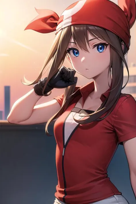 pokemonmay, <lyco:pokemonmay-lyco-nochekaiser:1>,
pokemonmay, blue eyes, brown hair, bandana, long hair, red bandana, twintails, hair between eyes, (small breasts:1.2),
BREAK bike shorts, collared shirt, gloves, microskirt, multicolored shirt, pencil skirt...