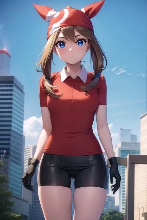 pokemonmay, <lyco:pokemonmay-lyco-nochekaiser:1>,
pokemonmay, blue eyes, brown hair, bandana, long hair, red bandana, twintails, hair between eyes,
BREAK bike shorts, collared shirt, gloves, microskirt, multicolored shirt, pencil skirt, red shirt, shirt, s...