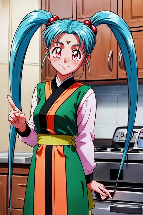 anime girl with blue hair and green and orange outfit in kitchen