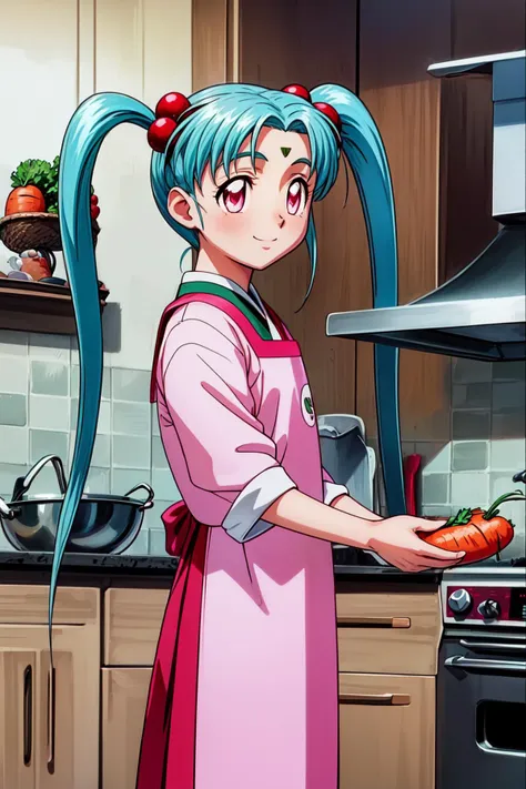 anime girl in pink apron cooking a carrot in a kitchen