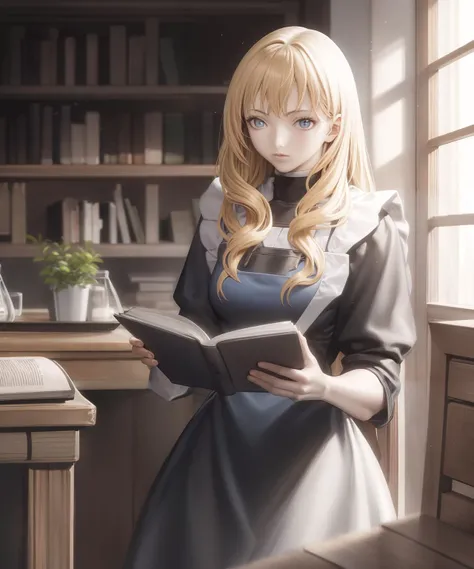 <lora:Claymore-NAI-LyCORIS-512px:0.9>
Alice reading a book indoors,  wearing (blue dress, white apron), long blonde hair, blue eyes