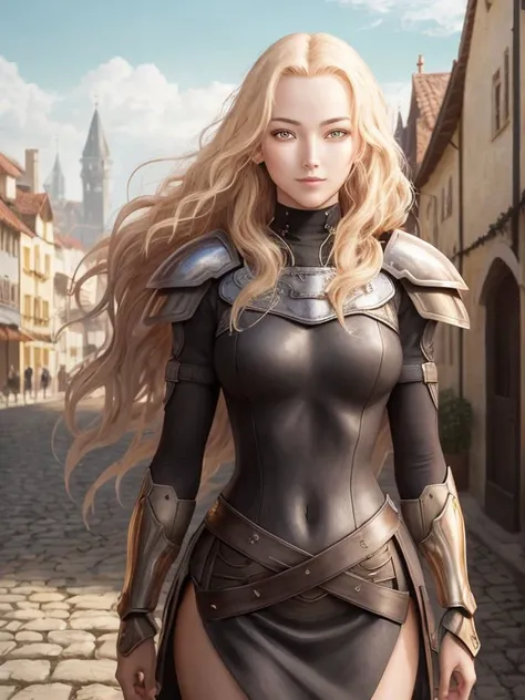 1lady,  perfect face, perfect body, smile, long hair, medieval city on background, blond short hair, semi-smile, sunlight, (((armor))), BREAK masterpiece, (((vibrant colors, saturation))), 8k, best quality, hyper realistic, ultra detailed game CG, clearly ...