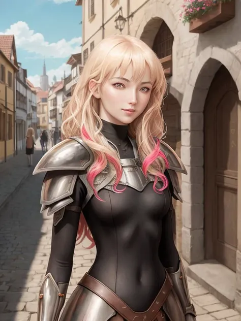 1lady,  perfect face, perfect body, smile, long hair, medieval city on background, blond short hair, semi-smile, sunlight, (((armor))), BREAK masterpiece, (((vibrant colors, saturation))), 8k, best quality, hyper realistic, ultra detailed game CG, clearly ...