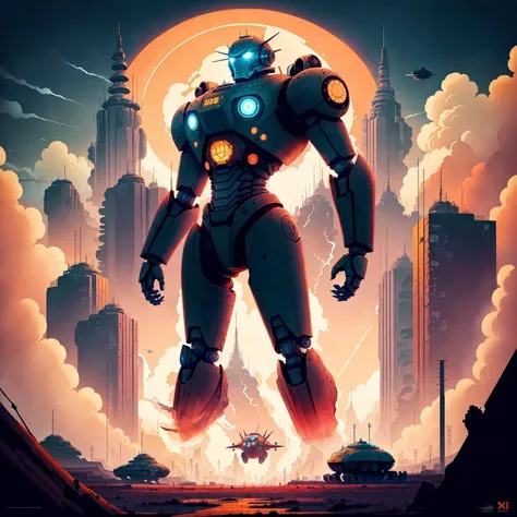 flat illustration, killer iron robot from_below from_side spaceship above explosions in the sky powerful dutch angle (AtomPunkStyleSD15:1.0)
(masterpiece:1.5) (painting:1.1) (best quality) (detailed) (intricate) (8k) (HDR) (wallpaper) (cinematic lighting) ...