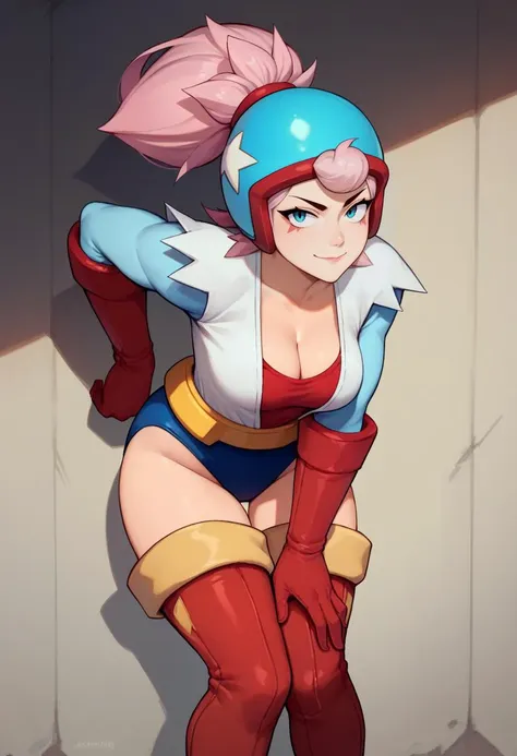 a cartoon picture of a woman in a red and blue outfit