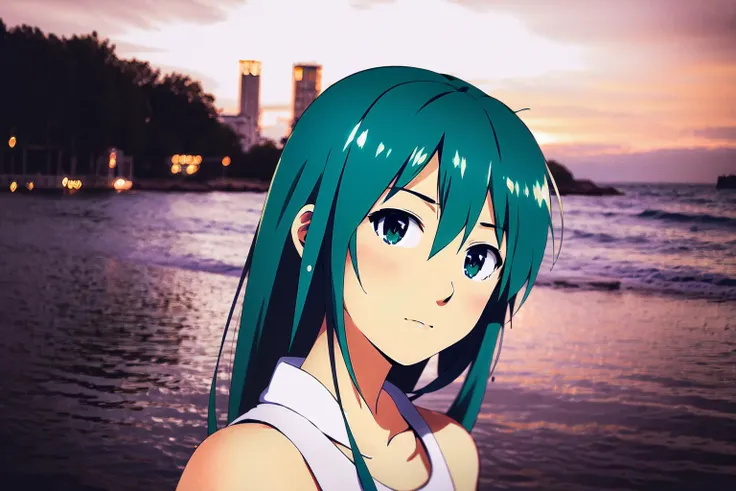 anime girl with green hair standing in front of the ocean