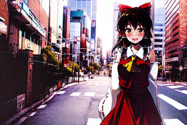 anime girl in a red dress walking down a street in a city