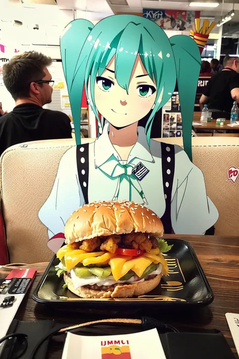 arafed image of a girl with green hair and a green wig sitting in front of a hamburger