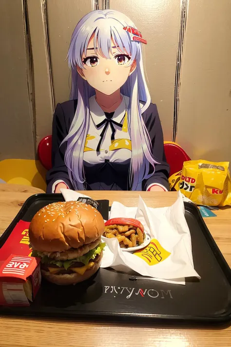 anime character sitting at a table with a hamburger and fries