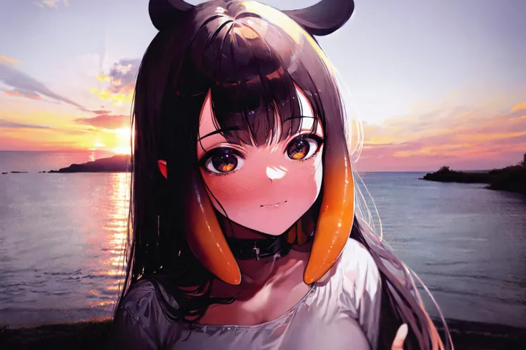 anime girl with horns and a white shirt standing in front of the ocean