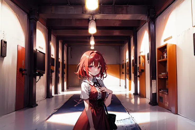 anime girl in a hallway with a gun in her hand