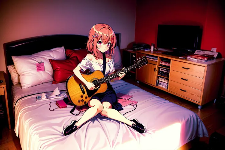 anime girl sitting on bed with guitar in hand and tv on the side