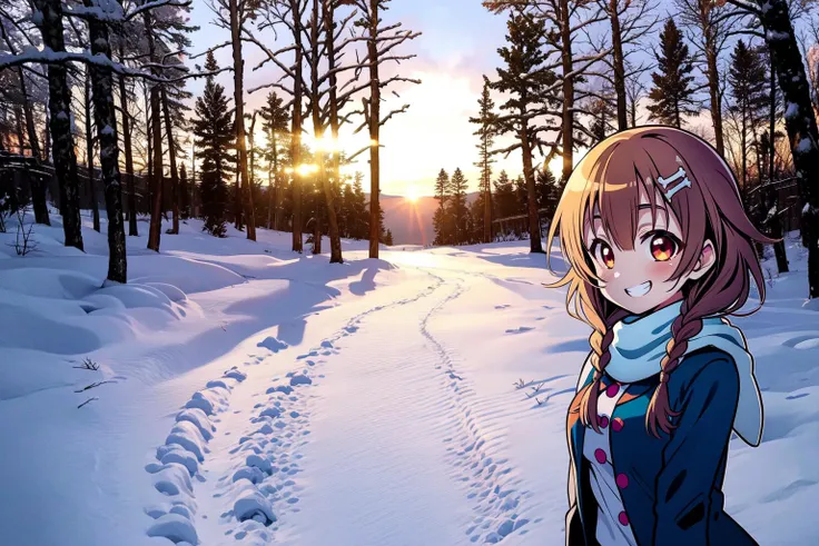 anime girl in winter scene with sun setting in background