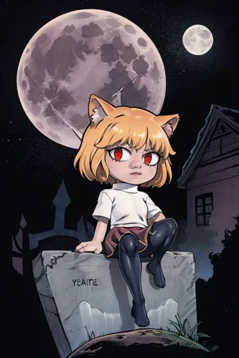 a cartoon girl sitting on a tombstone with a full moon in the background