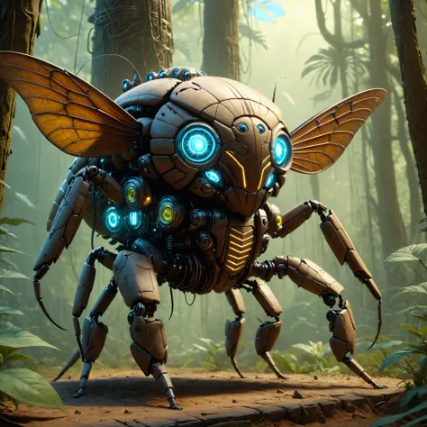 a close up of a giant insect in a forest with trees