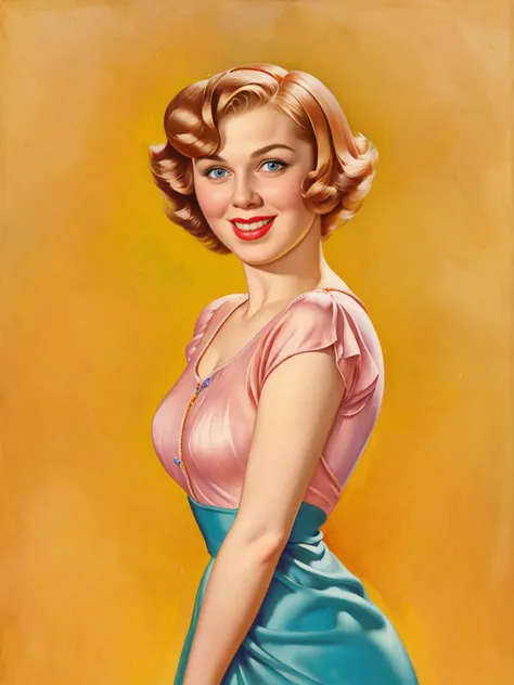 a painting of a woman in a pink dress posing for a picture