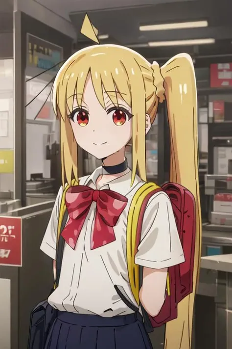 best quality, masterpiece, highres, solo, {ijichi_nijika_bocchitherock:1.15}, blonde_hair, long_hair, bangs, side_ponytail, sidelocks, ahoge, red_eyes, bow, red_bow, smile, 1girl, choker, closed_mouth, shirt, backpack, upper_body, bag, yellow_bag, looking_...