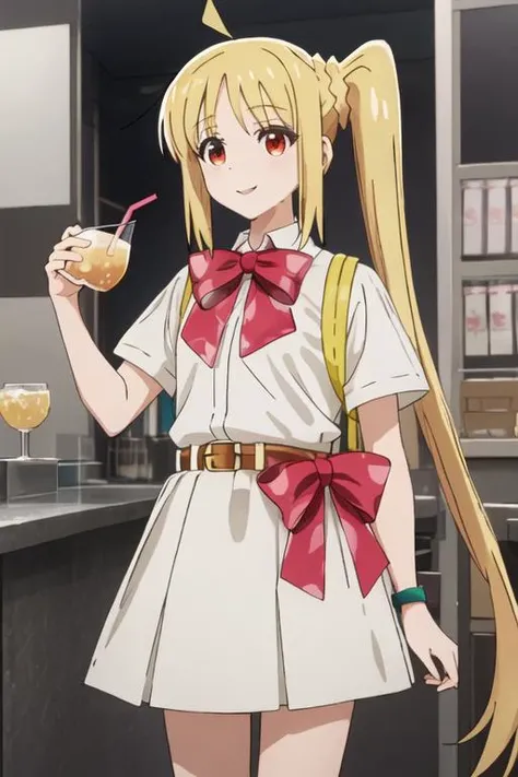 best quality, masterpiece, highres, solo, {ijichi_nijika_bocchitherock:1.15}, blonde_hair, long_hair, bangs, side_ponytail, sidelocks, ahoge, red_eyes, bow, red_bow, smile, 1girl, cup, drinking_straw, holding, holding_cup, shirt, short_sleeves, white_shirt...