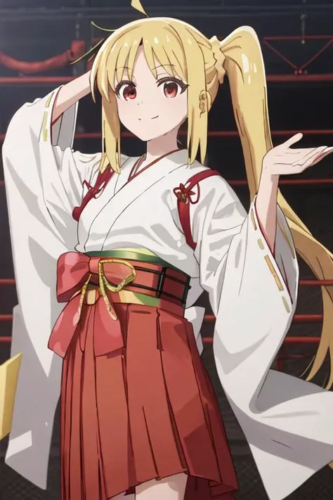 best quality, masterpiece, highres, solo, {white kimono:1.35}, {red hakama:1.35}, {wide sleeves:1.20}, {ijichi_nijika_bocchitherock:1.15}, blonde_hair, long_hair, bangs, side_ponytail, sidelocks, ahoge, red_eyes, bow, red_bow, smile