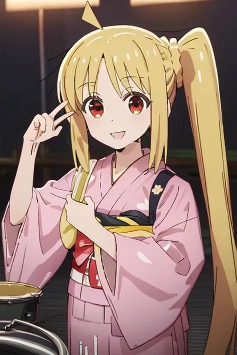 best quality, masterpiece, highres, solo, {yukata:1.40}, {kimono:1.20}, {ijichi_nijika_bocchitherock:1.15}, blonde_hair, long_hair, bangs, side_ponytail, sidelocks, ahoge, red_eyes, bow, red_bow, smile