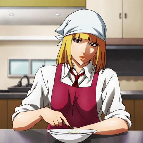 <lora:hanaprisonschool_pony_v1:.8> hanacookprisonschool, 1 girl, solo, apron, blonde hair, brown eyes, blunt bangs,, lips, schoo...