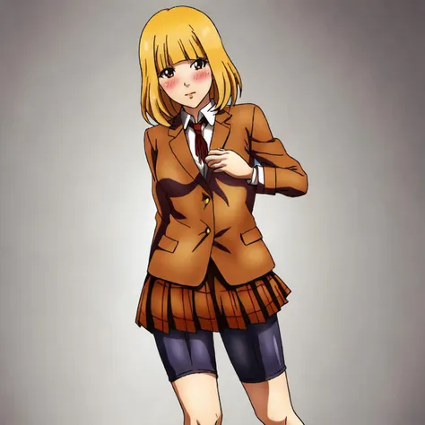 <lora:hanaprisonschool_pony_v1:.8> hanaprisonschool, 1girl, solo, blonde hair, school uniform, pleated skirt, jacket, blazer, bi...