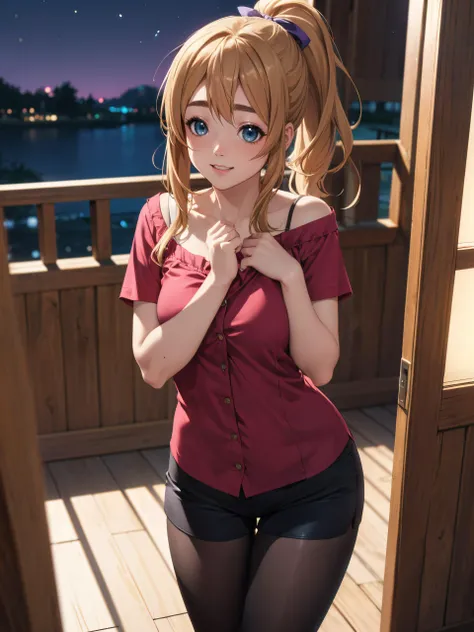 embarrassed, (night:1.3), (dress pull down, put her face in her hands:1.2), (smile512, down view), (Tsumugi Kotobuki , K-on anime:1.1), (wavy blonde hair, sapphire-blue eyes, very fair complexion, red shirt underneath a pink one with a violet and a green b...