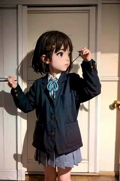 there is a young girl in a school uniform holding a pair of scissors