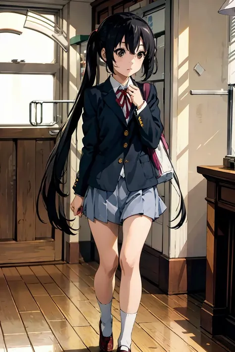 anime girl in school uniform walking in a room with wooden floors