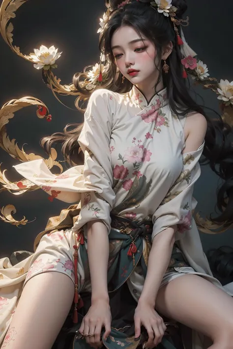 (1girl:1.4),solo,(naked:1),(leg show:1.3)),(small chest:1),(white race skin color:1.3),(a woman sitting on a flower field bench,palace,a girl in hanfu,instagram competition champion,in the water all the way to the shoulder,stand gracefully on the lotus,ins...