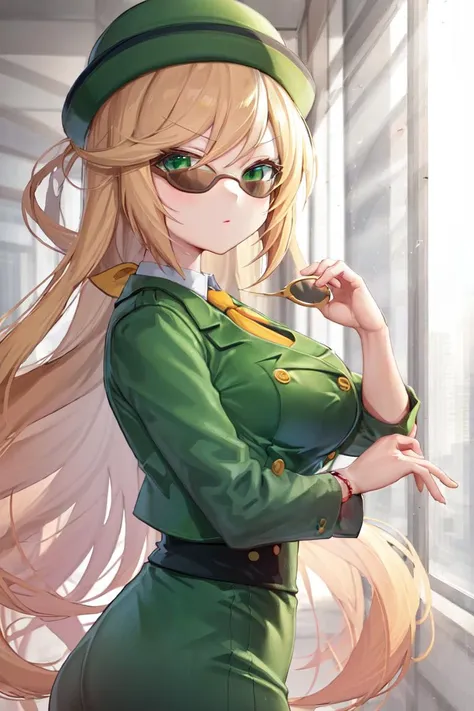 anime girl in uniform with green eyes and long blonde hair