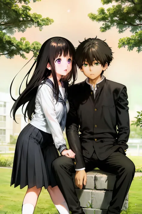 masterpiece, best quality,1girl,heart <lora:zxq-f:1>,zxq, 1girl, 1boy, school uniform, kamiyama high school uniform (hyouka), gakuran, simple background,