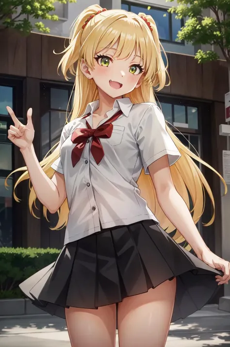 RikaJou, 1girl, solo, long hair, blonde hair, green eyes, small breasts, fang, smile, standing, dynamic pose, <lora:RikaJougasaki-01:1>, 8k, masterpiece, best quality, absurdres, perfect anatomy, cinematic lighting, cowboy shot, (school uniform:1.1), schoo...