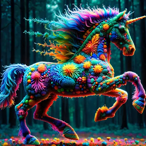 a neon rainbow colored unicorn,forest,realistic,highly detailed,ral-trichom,realistic,lifelike,studio photo,highly detailed,colors,dynamic,cinematic,masterpiece,intricate,hdr,abstract fractal,<lora:ral-trichome-sdxl:1>,