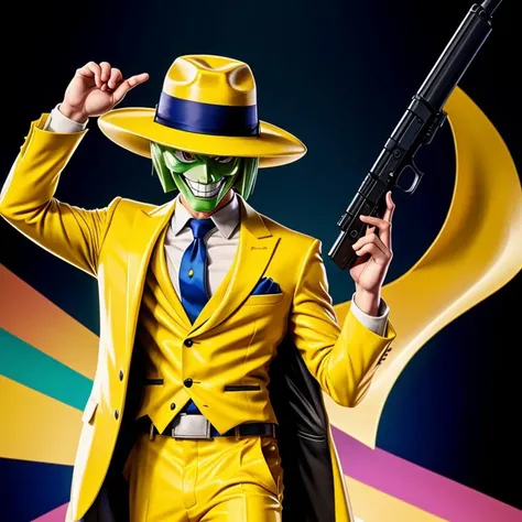 anime artwork of  <lora:The Mask SD1.5:1.2>
The Mask a man in a yellow suit and hat holding a gun, anime style, key visual, vibrant, studio anime,  highly detailed