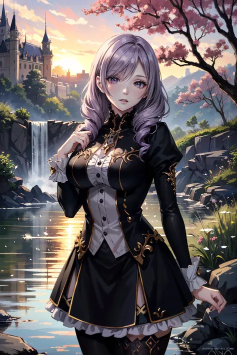 ((ultra detailed, masterpiece, absurdres))
HGDaniella, 1girl, twin drills, purple hair, cowboy shot, Whimsical Fairytale Castle with Turrets and Gardens big waterfall, stream, sunset, soft warm lighting, beautiful features, highly detailed, by WLOP, by Art...