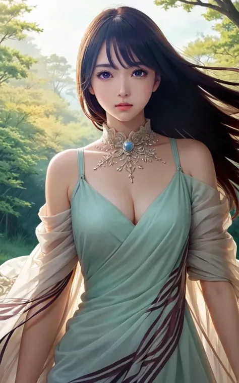 floating (detailed light) floating hair glowing eyes leaves, ((wind)) nature (sunlight) river (forest) (bloom), +++ extremely quality, high detailed, anime coloring illustration game cg contrapposto <lora:_flat2:0.3:ALL> ++ Faint lips,UC:realistic cute ani...