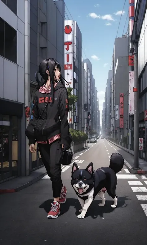 HiroyaOku2023, cute dog walking in city, uhd, 8k, best quality, masterpiece, illustration, manga