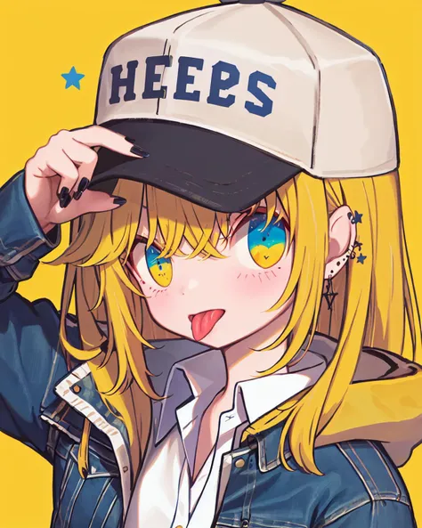 1girl, solo, hat, baseball cap, tongue out, tongue, yellow background, blonde hair, v, horns, star (symbol), looking at viewer, jewelry, earrings, heart, green eyes, upper body, shirt, bangs, nail polish, white shirt, simple background, jacket, long hair, ...