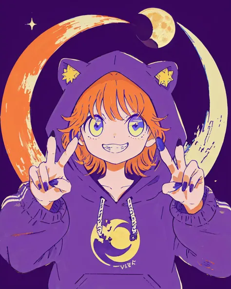 1girl, solo, hood, blue nails, hood up, smile, crescent moon, star (symbol), long sleeves, upper body, purple background, blue eyes, grin, claw pose, bangs, medium hair, orange hair, multicolored eyes, halftone, nail polish, moon, looking at viewer, finger...