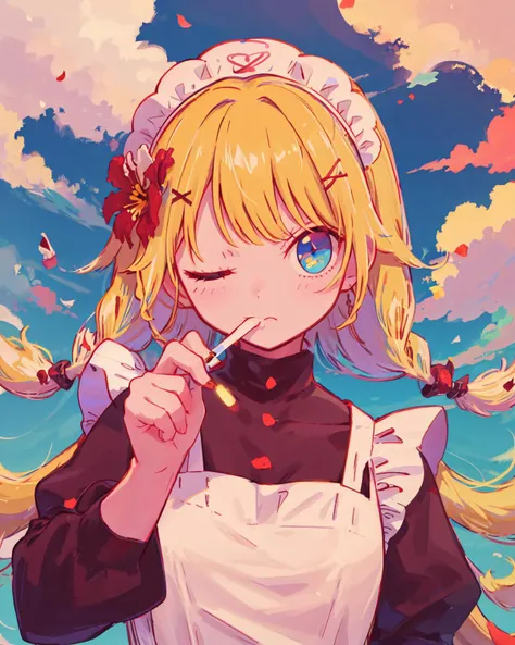 1girl, solo, blonde hair, one eye closed, flower, cigarette, maid headdress, braid, twin braids, hair ornament, multicolored eyes, holding, looking at viewer, long hair, blue eyes, cloud, smoking, pink flower, long sleeves, bangs, floating hair, blue flowe...