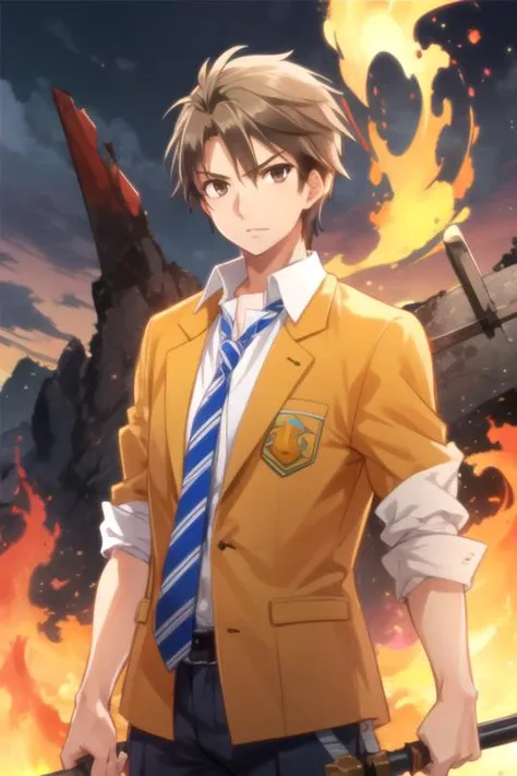 masterpiece, best quality, game cg, 1boy, solo, male focus, looking at viewer, , , , , <lora:masato_kadowaki:0.94>, masato_kadowaki, masato_kadowaki, brown hair, brown eyes, , The Mountain of Fire, High resolution