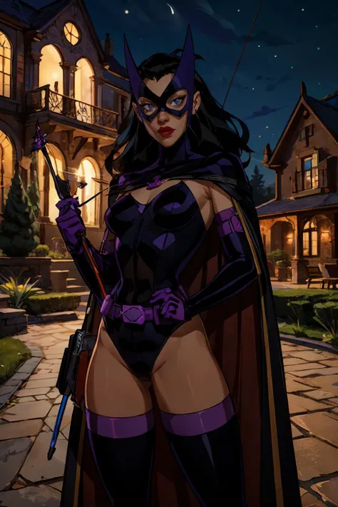 huntress_jlu, long black hair, red lipstick, blue eyes,thighhighs, mask, elbow gloves, belt, purple leotard, purple cape, looking at viewer, serious, medium shot,
standing, outside, holding a crossbow, backyard, mansion in background, dark, night, high qua...