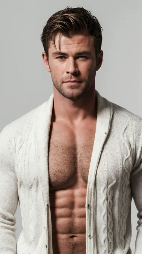 cinematic photo of handsome man, sks person , muscular,  looking into camera, wearing white opened sweater, opened at chest, portrait photo, smirk, realistic, high quality, white background, photoshoot <lora:locon_chrishemsworth_v1_from_v1_64_32:1>