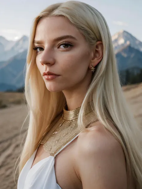 a woman with long blonde hair and a white dress standing in a field