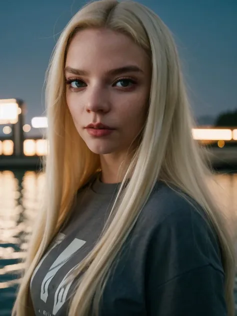 a woman with long blonde hair standing in front of a body of water