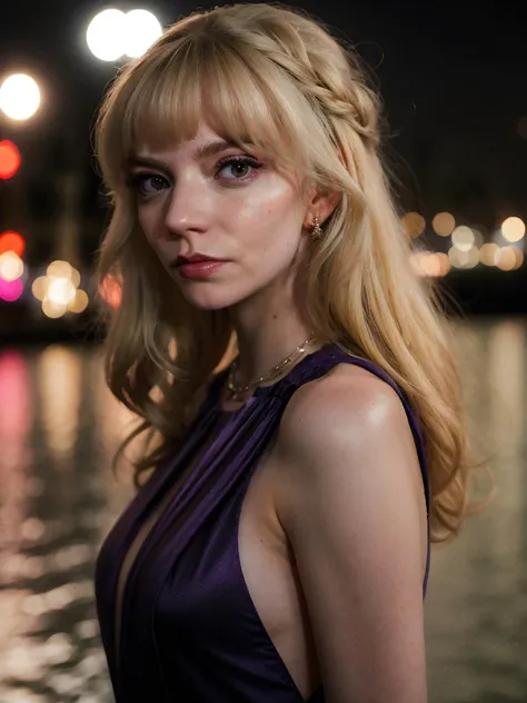 blonde woman in purple dress standing by the water at night