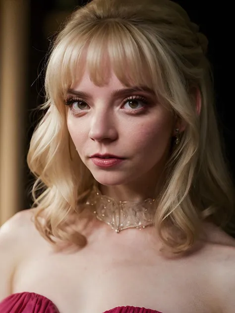 a close up of a woman in a red dress with a necklace on