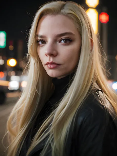 blond woman with long hair standing on a city street at night